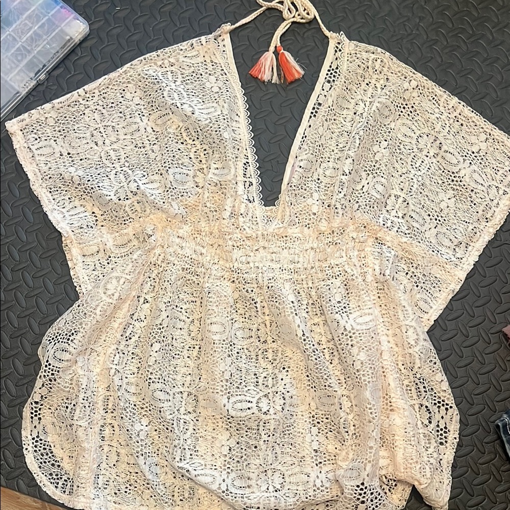 Cream Crochet Cover-Up with Tassels